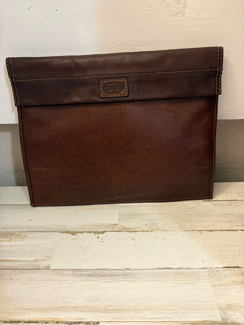 Fossil Rich Brown Leather Fold-Over Laptop Sleeve Vintage
